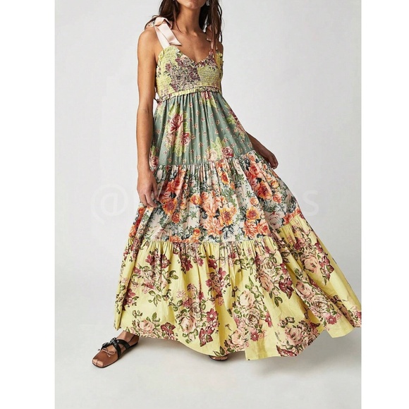Floral Boho Maxi Flared Dress Shoulder Ties Smocked Shirred Bodice - Picture 4 of 12